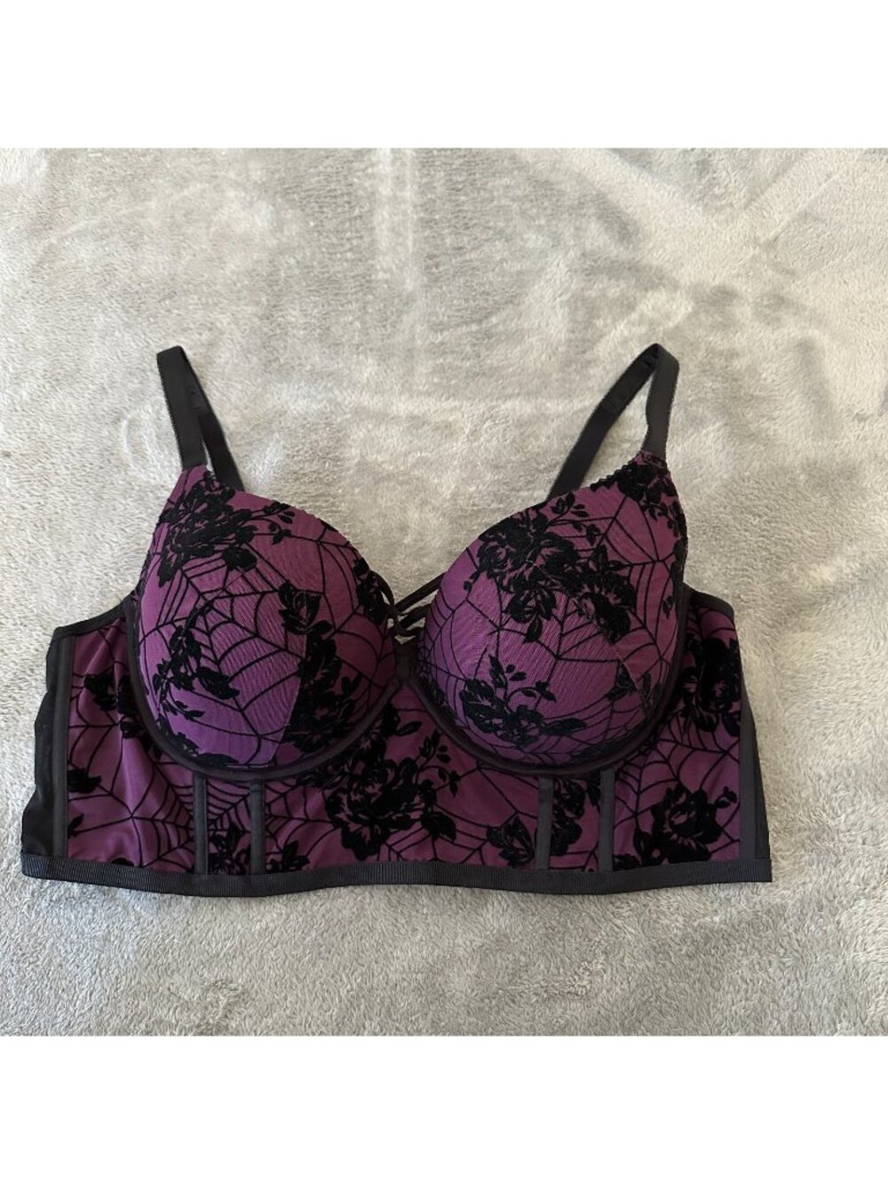 Torrid Halloween Push Up Plunge Longline Bra 44D Purple Web Roses Floral